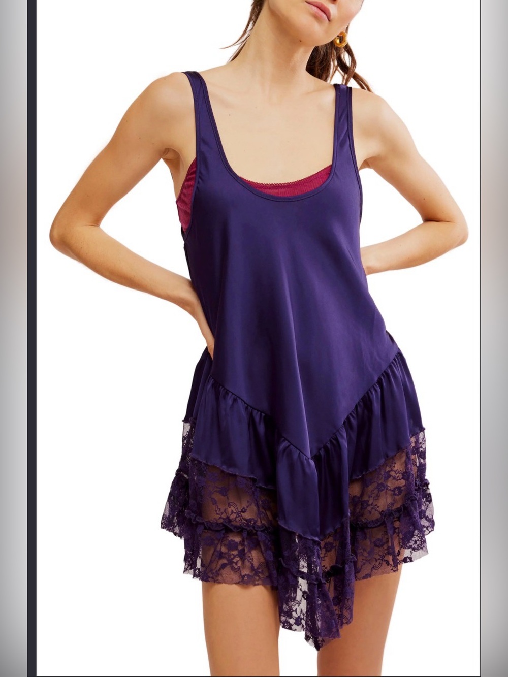 Free People Young & In Love Mini Slip Lace Hem Mini Dress in Purple Size Medium